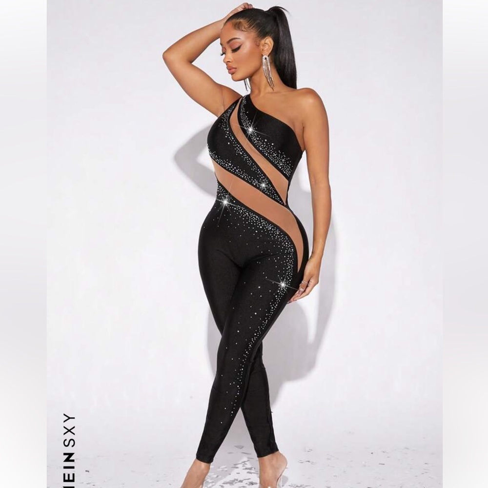One Shoulder Mesh Rhinestone Jumpsuit - Picture 4 of 5